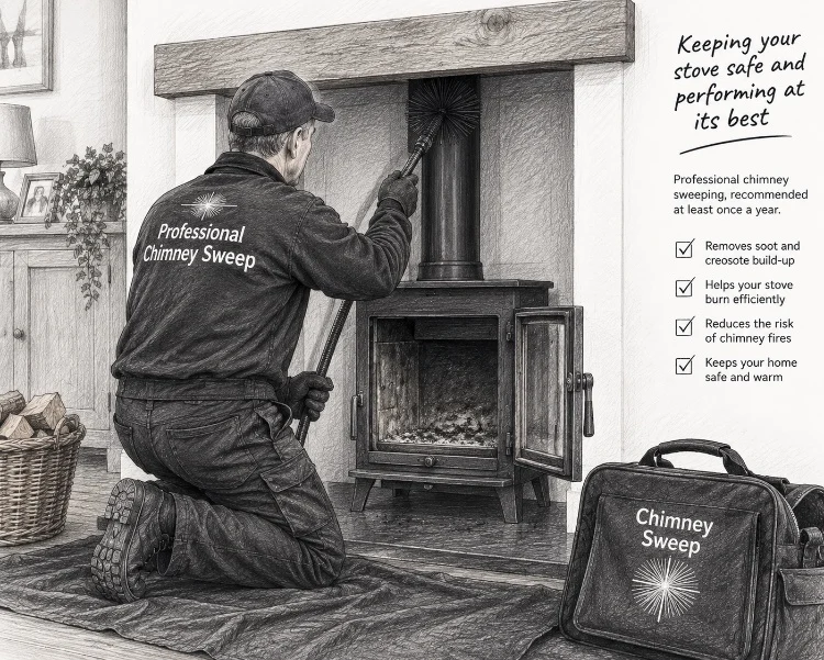 Illustration of a professional chimney sweep maintaining a woodburning stove