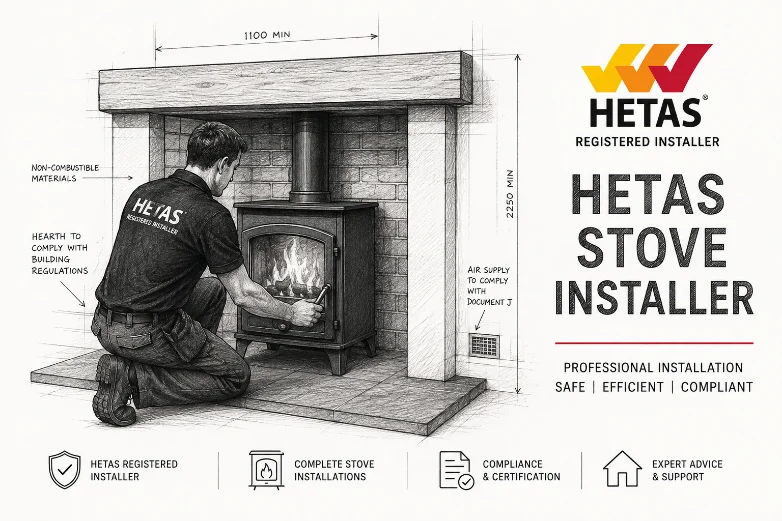 Illustration of a HETAS registered installer commissioning a woodburning stove