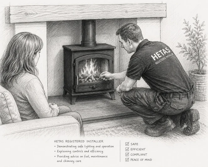 Illustration of an installer demonstrating a woodburning stove to a homeowner