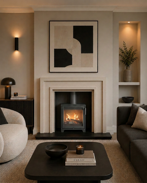 Contura 210 woodburning stove within a Madison natural Scala limestone fireplace and Antique Leather granite hearth in Uttoxeter