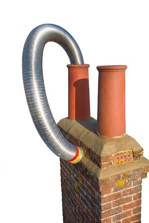 Flexible stainless steel liner being installed into a masonry chimney