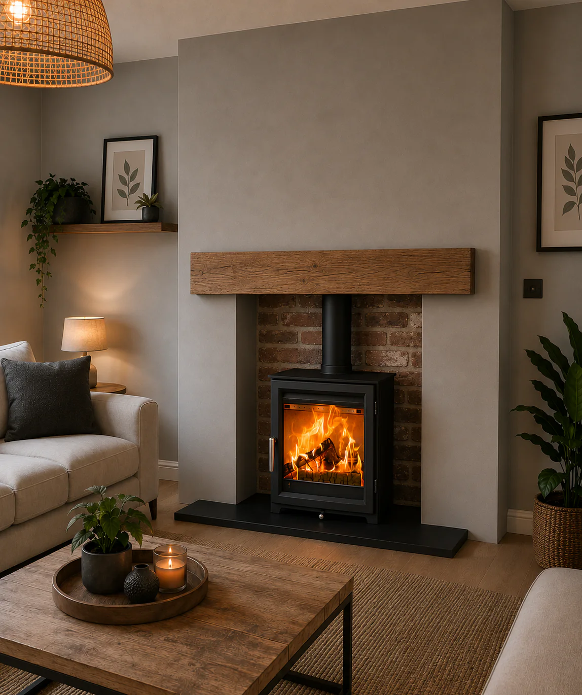 Hunter Isca 5 woodburning stove in a reclaimed brick chamber with a dark slate hearth and natural oak beam near Lichfield