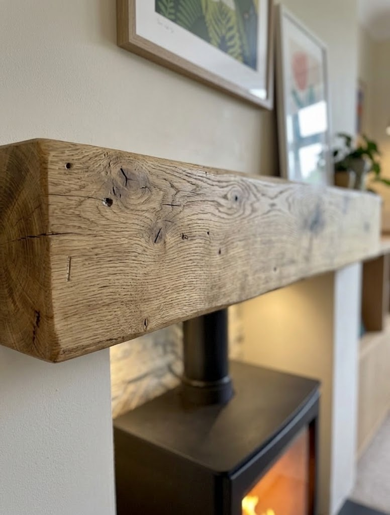 Close view of the pine colour timber beam above the Cannock fireplace opening