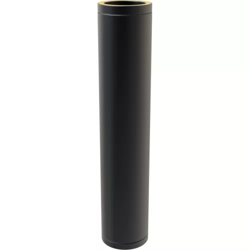 Powder-coated black twin-wall insulated flue component specified for the Derby installation