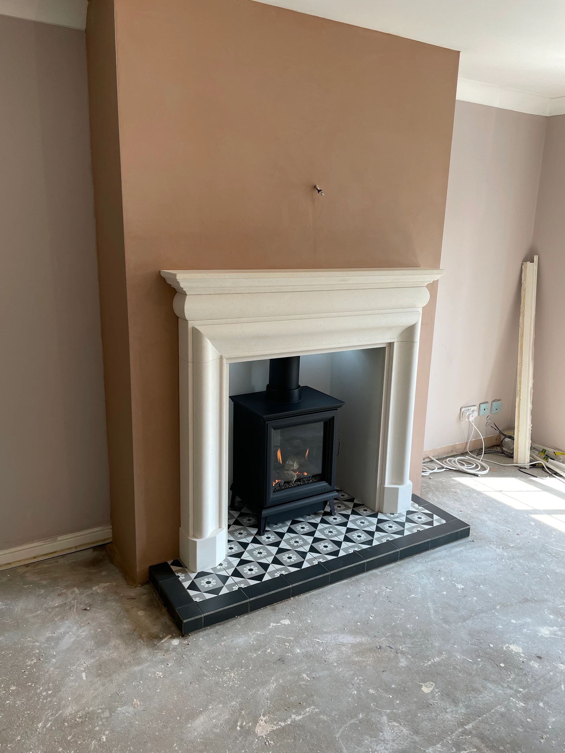 The fireplace installation in progress