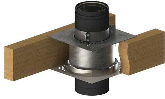 Ventilated firestop and support clamp fitted between timber floor joists around a twin-wall flue