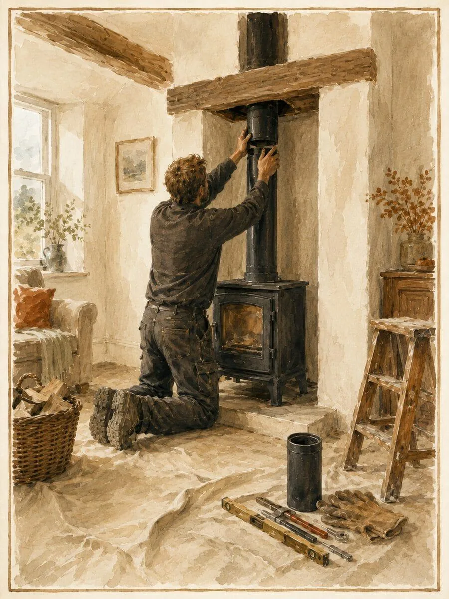 A completed wood burning stove and fireplace installation