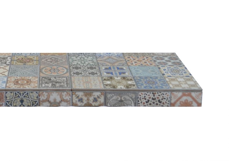 Artisan mosaic tile hearth from The Fireplace & Stove Co.