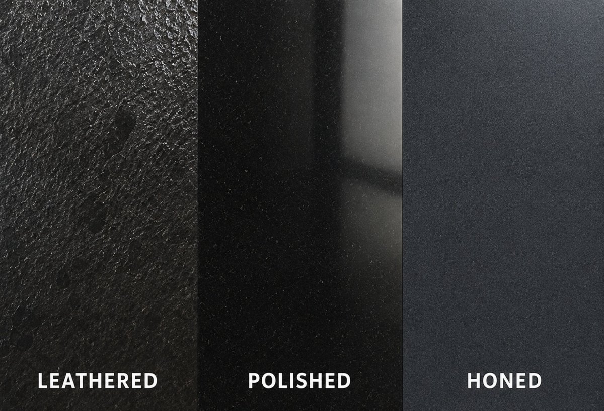 Black granite leathered polished honed from The Fireplace & Stove Co.
