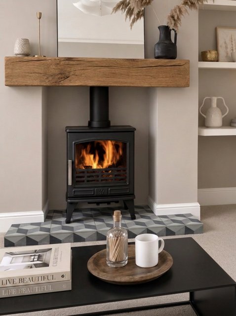 Geometric cubist tiled hearth room from The Fireplace & Stove Co.