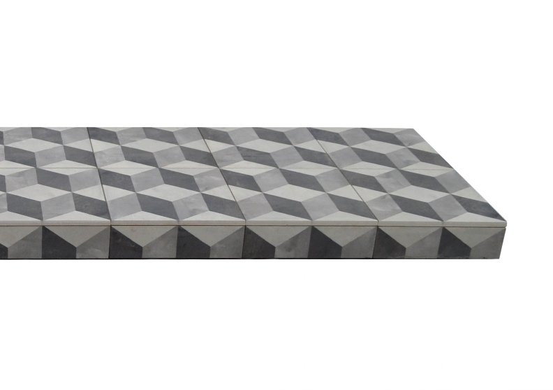 Geometric cubist tiled hearth from The Fireplace & Stove Co.