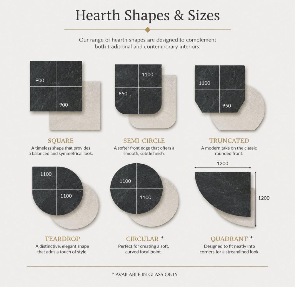 Hearth shapes and sizes from The Fireplace & Stove Co.