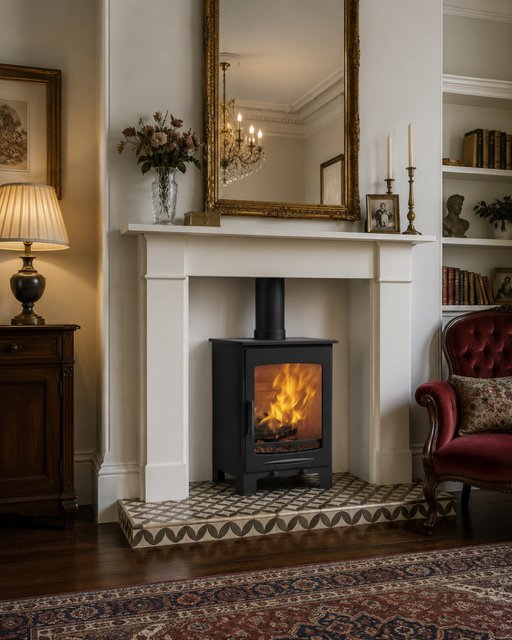 Mosaic hearth limestone stove shown in a completed fireplace setting