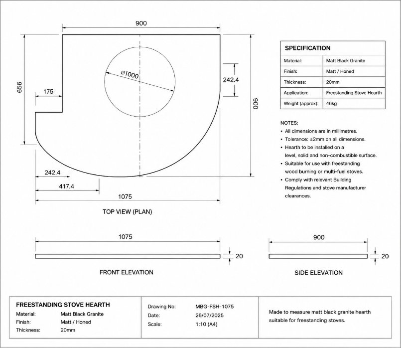 Made to measure hearth drawing from The Fireplace & Stove Co.