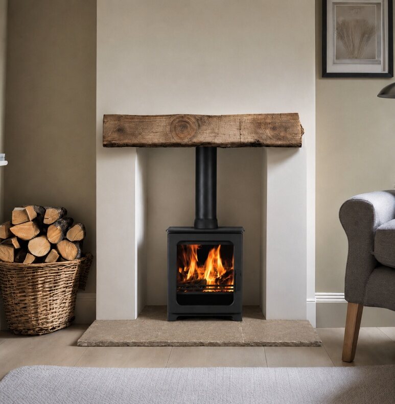 Old mill aged olive limestone hearth shown in a completed fireplace setting