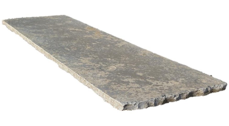 Old mill aged olive limestone hearth from The Fireplace & Stove Co.
