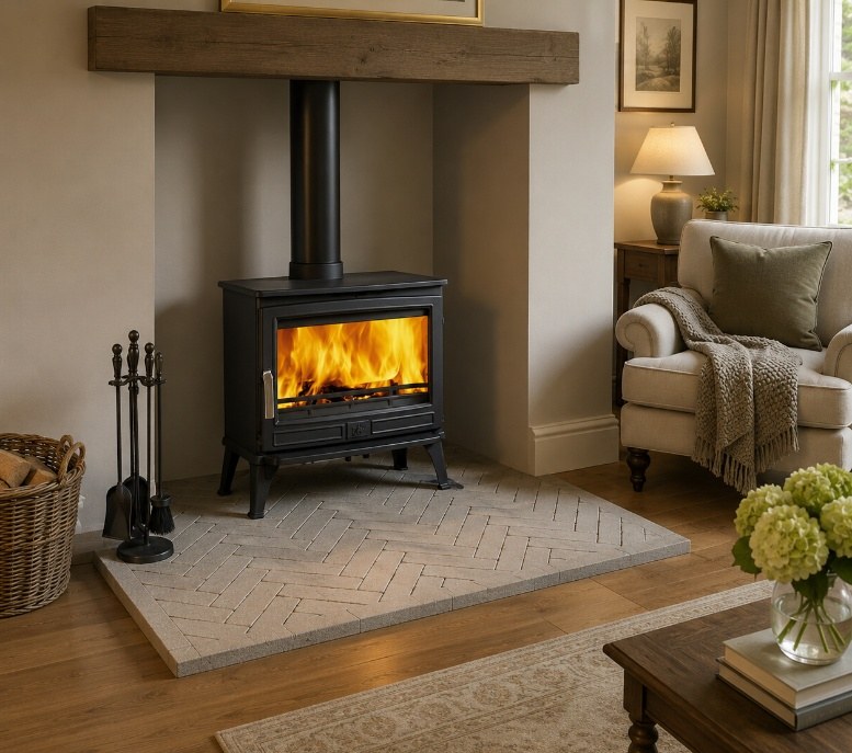 Olive limestone brick tile herringbone hearth from The Fireplace & Stove Co.