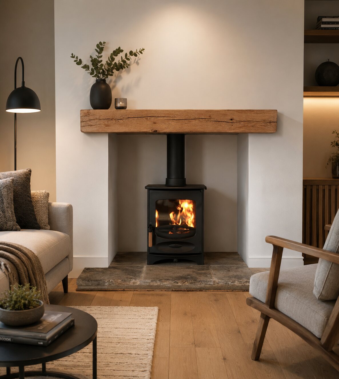 Reclaimed reclaimed flagstone flag hearth shown in a completed fireplace setting