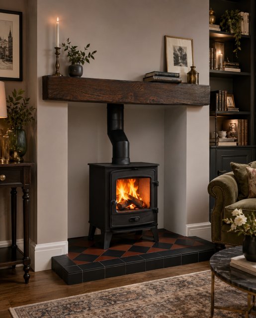 Rustic red black quarry hearth shown in a completed fireplace setting