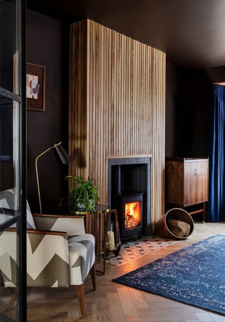 Slate chamber tiled hearth shown in a completed fireplace setting