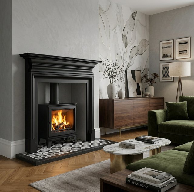 Tiled hearth shown in a completed fireplace setting