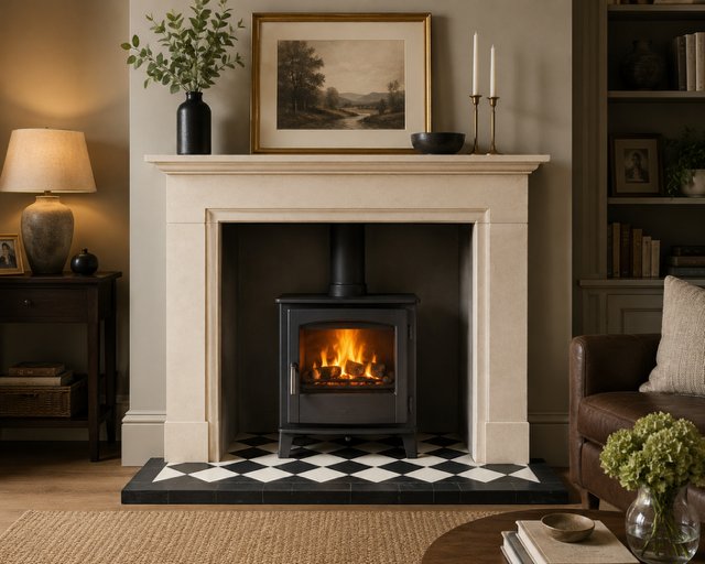Tiled hearth t shape shown in a completed fireplace setting