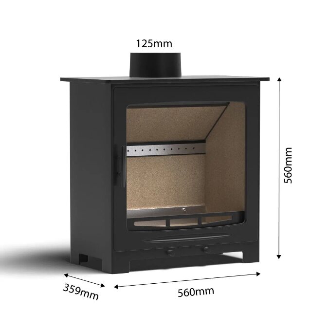 The CF1 5kW wood-burning stove with dimensions