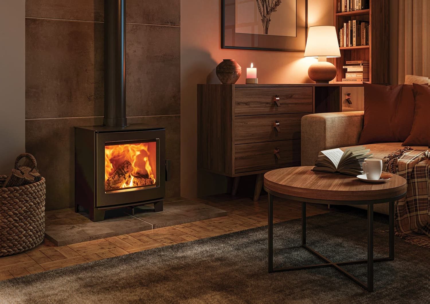 A wood burning stove installed as the focal point of a living room
