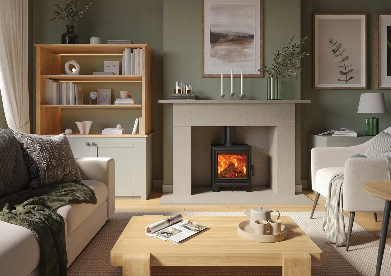 A wood burning stove as the warm focal point of a living room