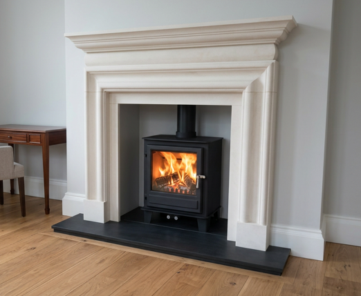 Clock Blithfield 5 installed in a pale stone fireplace with a dark slate hearth