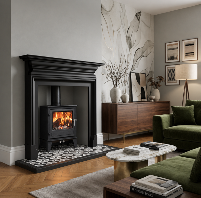Clock Blithfield 8 in a black fireplace with green seating