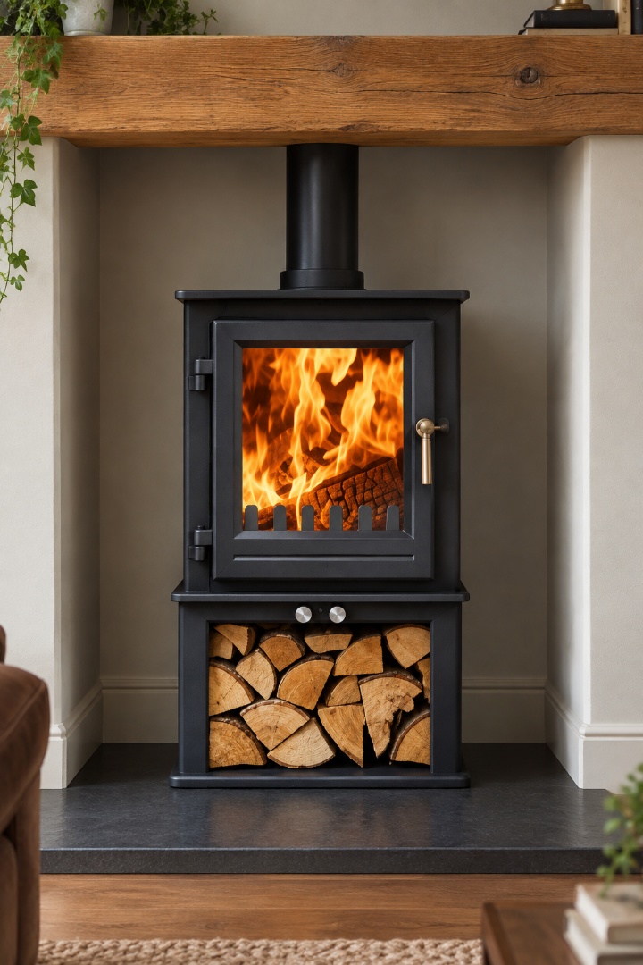 Clock Blithfield Compact 5 with the optional integral log store beneath an oak beam