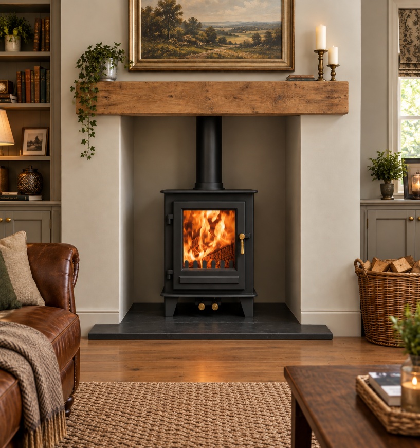 Clock Blithfield Compact 5 beneath a substantial natural oak beam in a furnished room