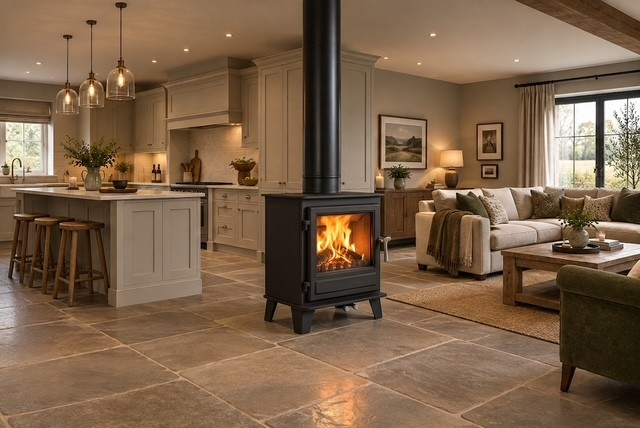 Clock Blithfield DS double-sided stove dividing an open-plan kitchen and living room