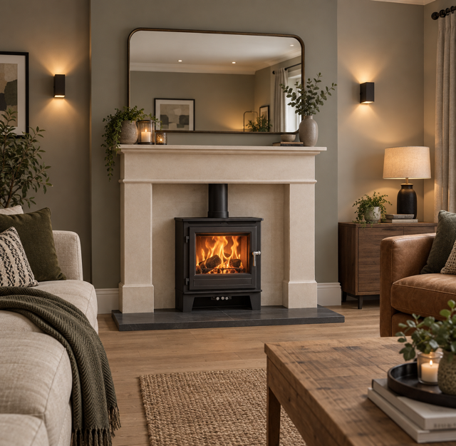 Clock Blithfield Inset stove fitted into a pale stone fireplace