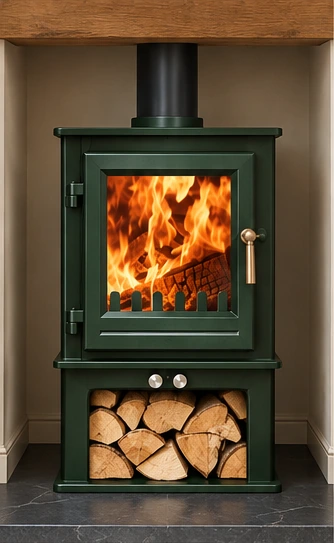 Clock stove with optional log store in Forest Green