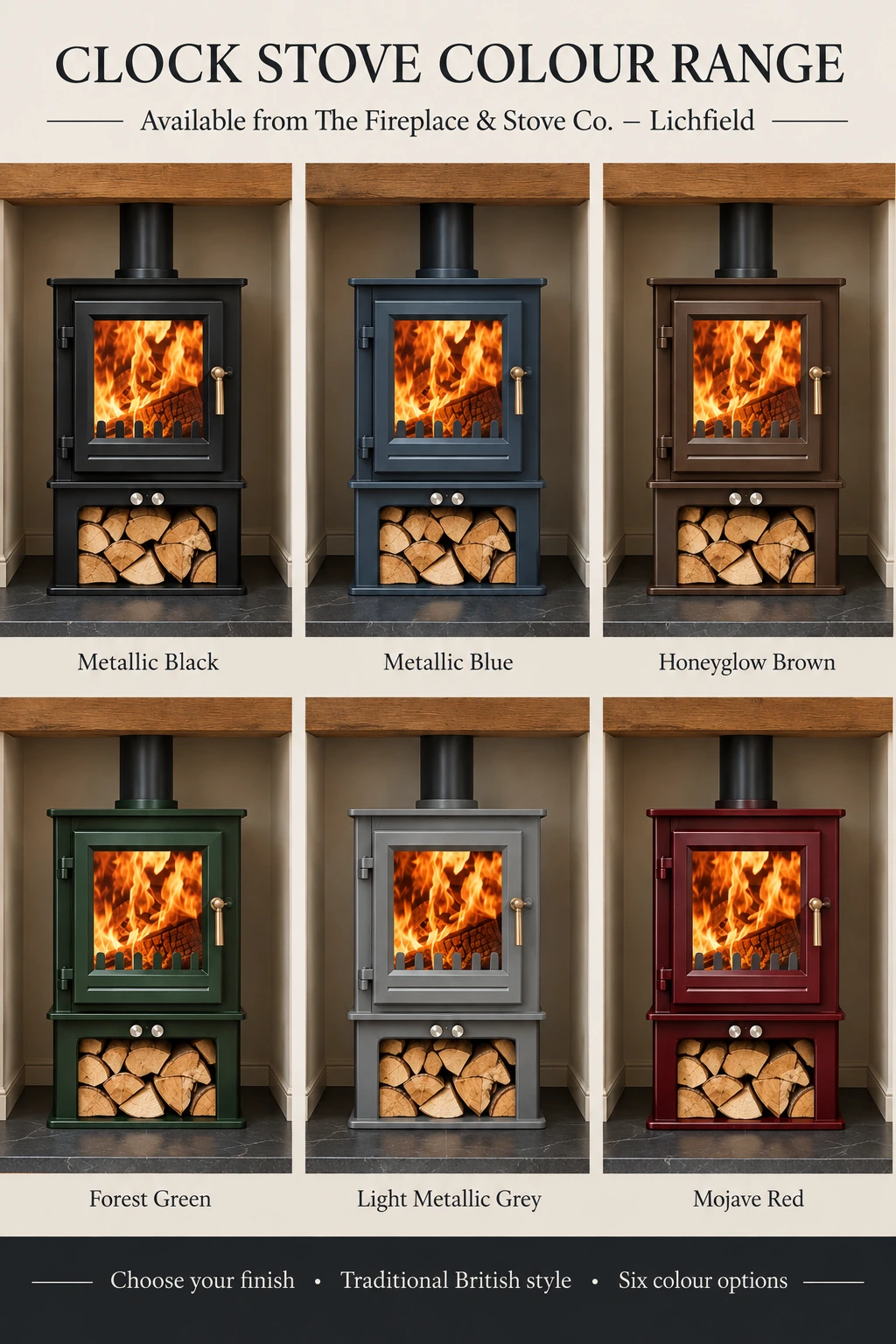 The Fireplace and Stove Co Clock stove colour guide showing six stove finishes