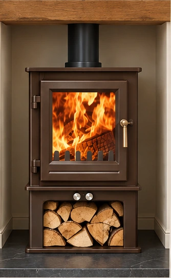 Clock stove with optional log store in Honeyglow Brown