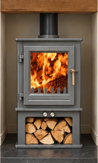 Clock stove with optional log store in Light Metallic Grey