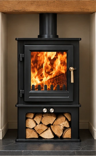 Clock stove with optional log store in Metallic Black