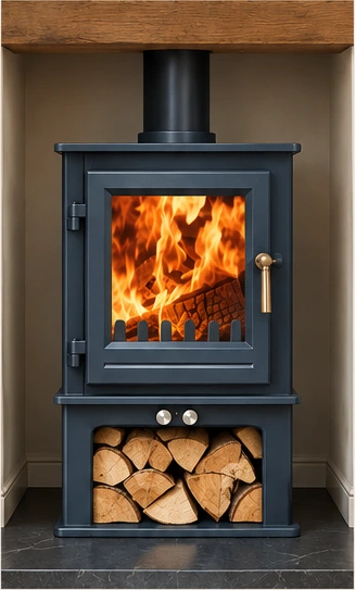 Clock stove with optional log store in Metallic Blue