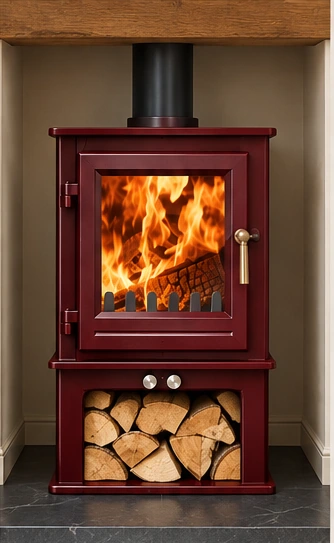 Clock stove with optional log store in Mojave Red