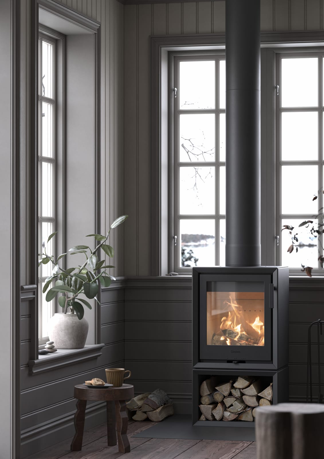 Contura 130 wood burning stove with log box in a room setting