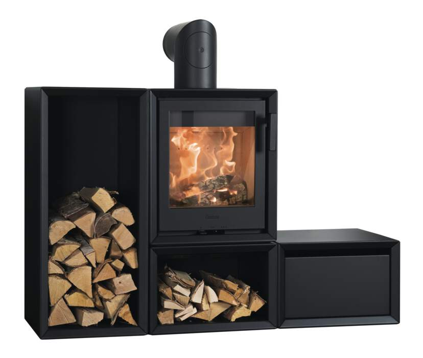 Contura 130 with modular log storage and cupboard arrangement