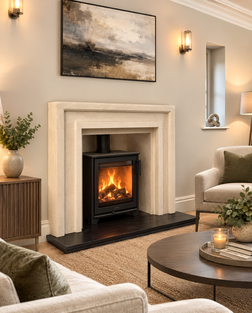 Contura 210 woodburning stove installed with a Madison natural stone fireplace