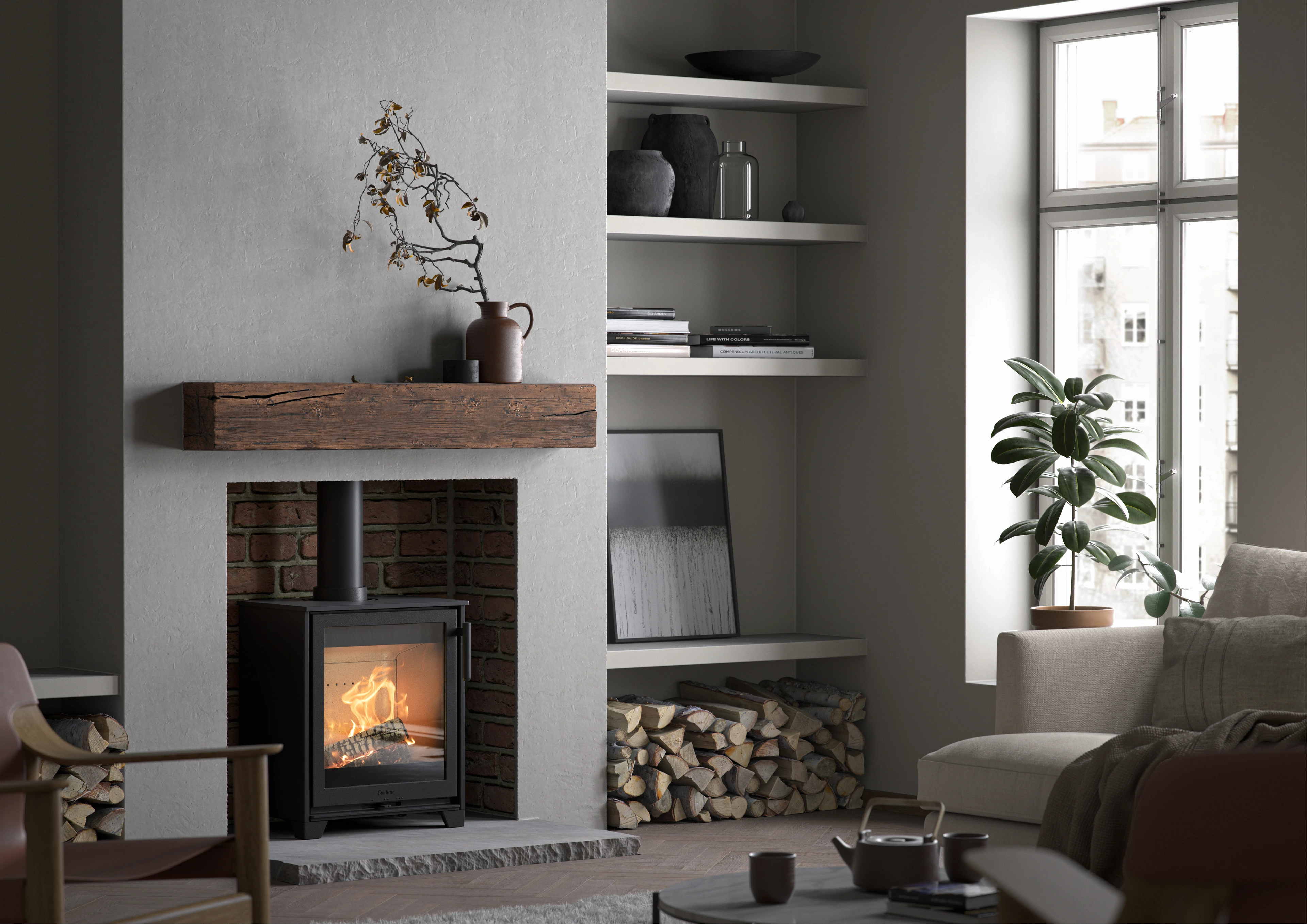 Contura 210 wood burning stove in a manufacturer room set