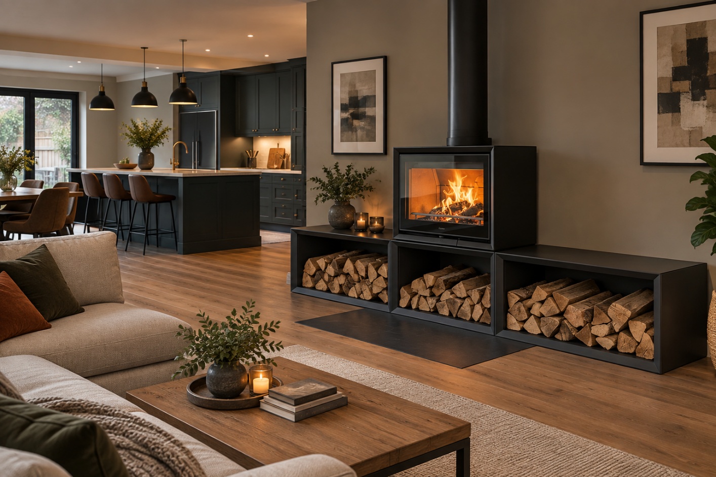 Contura 310 woodburning stove with additional log-store compartments in an open-plan room