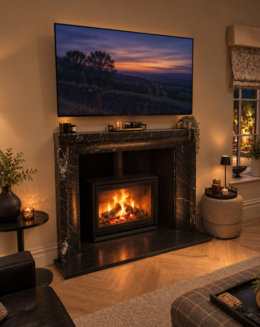 Contura 330G installation with a natural Nero Marquina polished marble fireplace