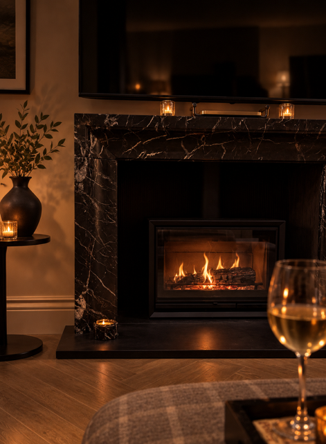 Contura 330G woodburning stove installed in a natural Nero Marquina polished marble fireplace