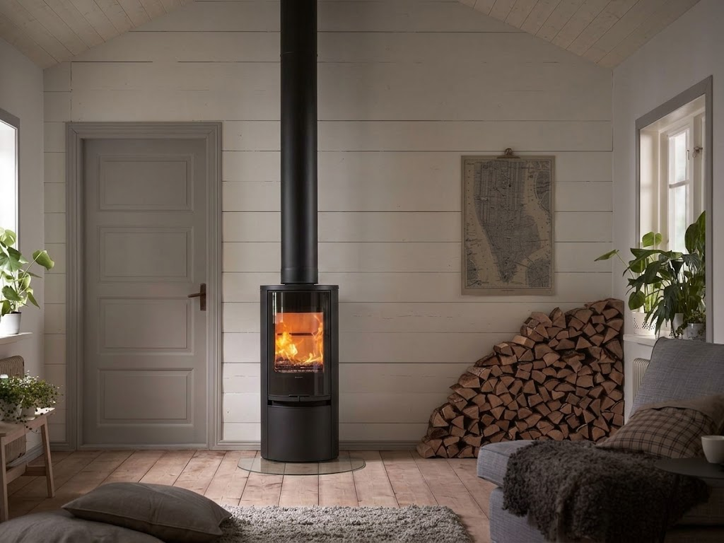 Contura 510 Style woodburning stove in a light timber room with a vertical flue
